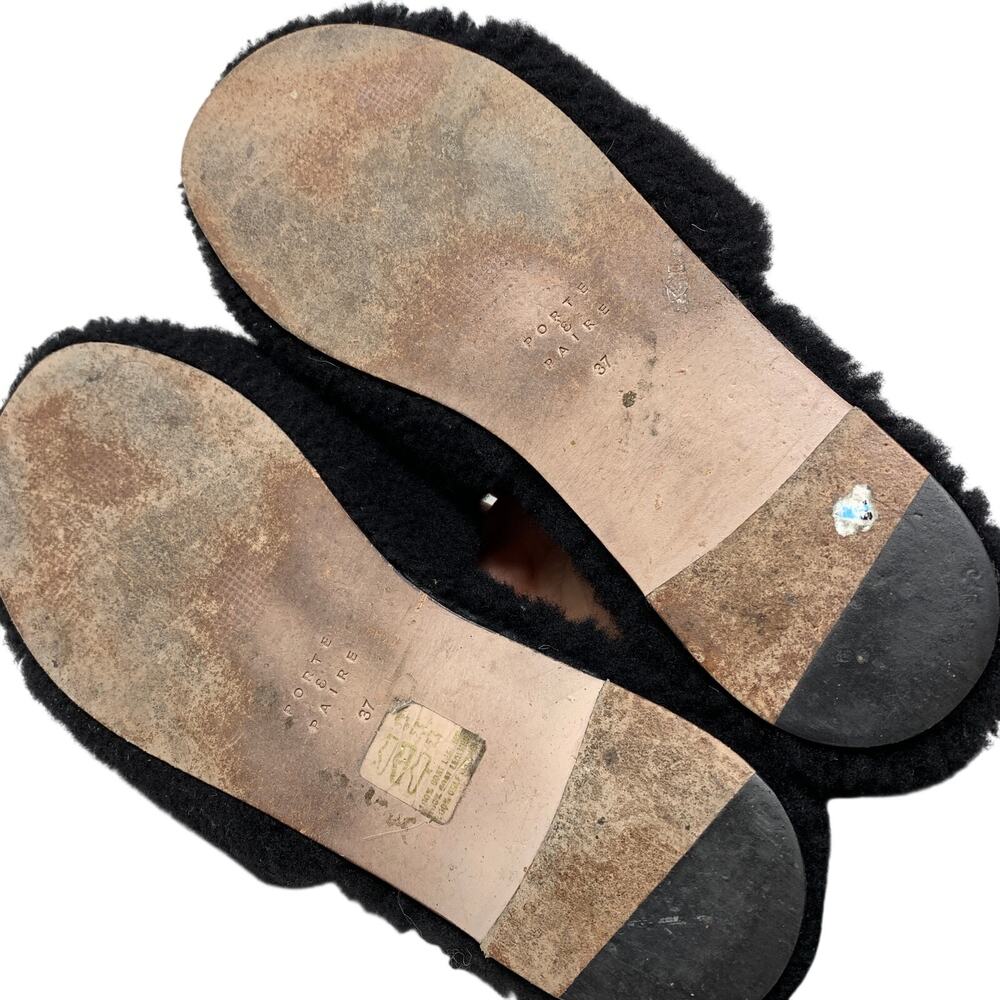 Porte & Paire Shearling Slippers Womens Size 37 US 7 Black Leather Lining + Sole - Picture 6 of 8